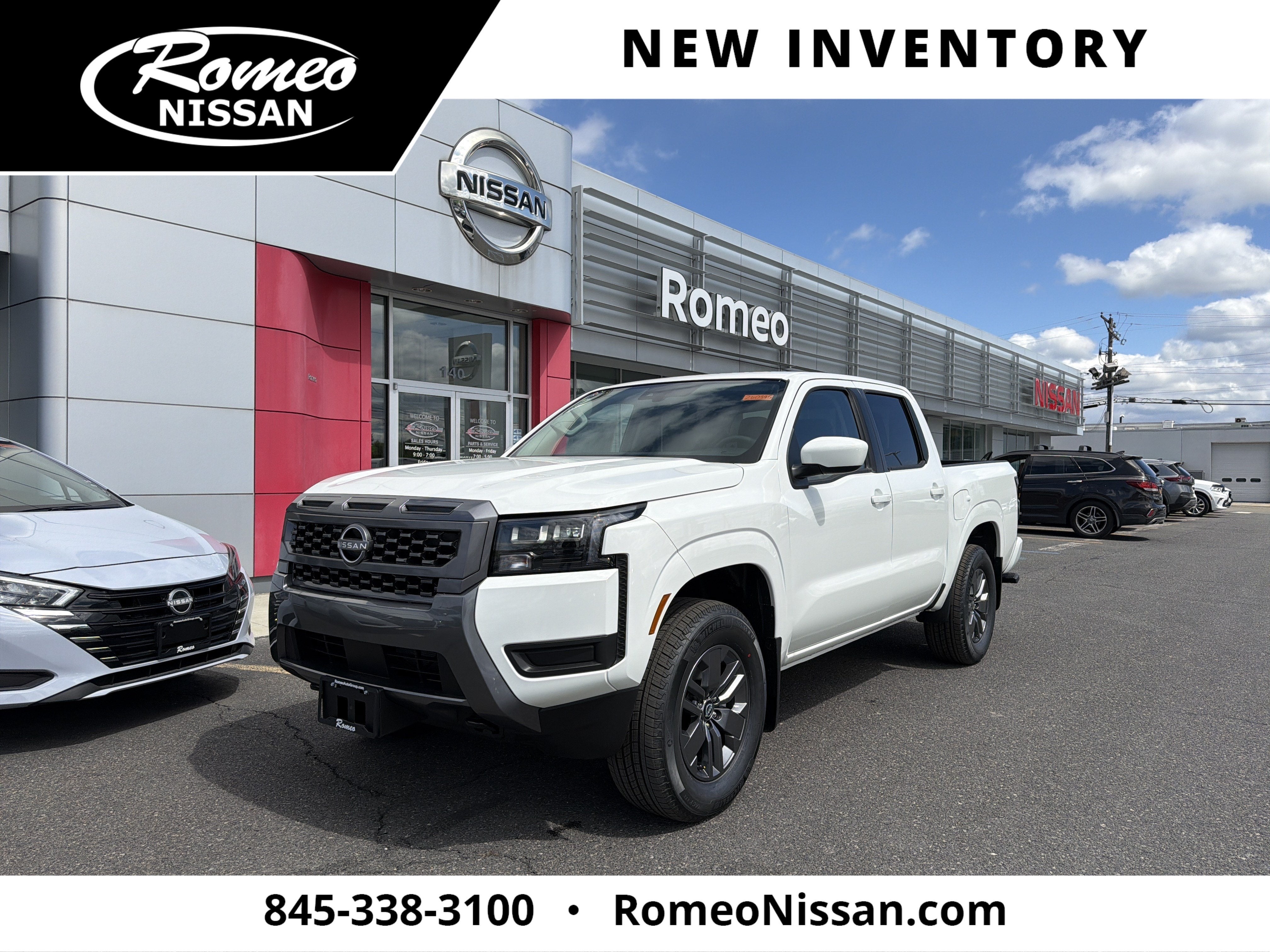 2026 Nissan Frontier SV in Glacier White — front three-quarter view