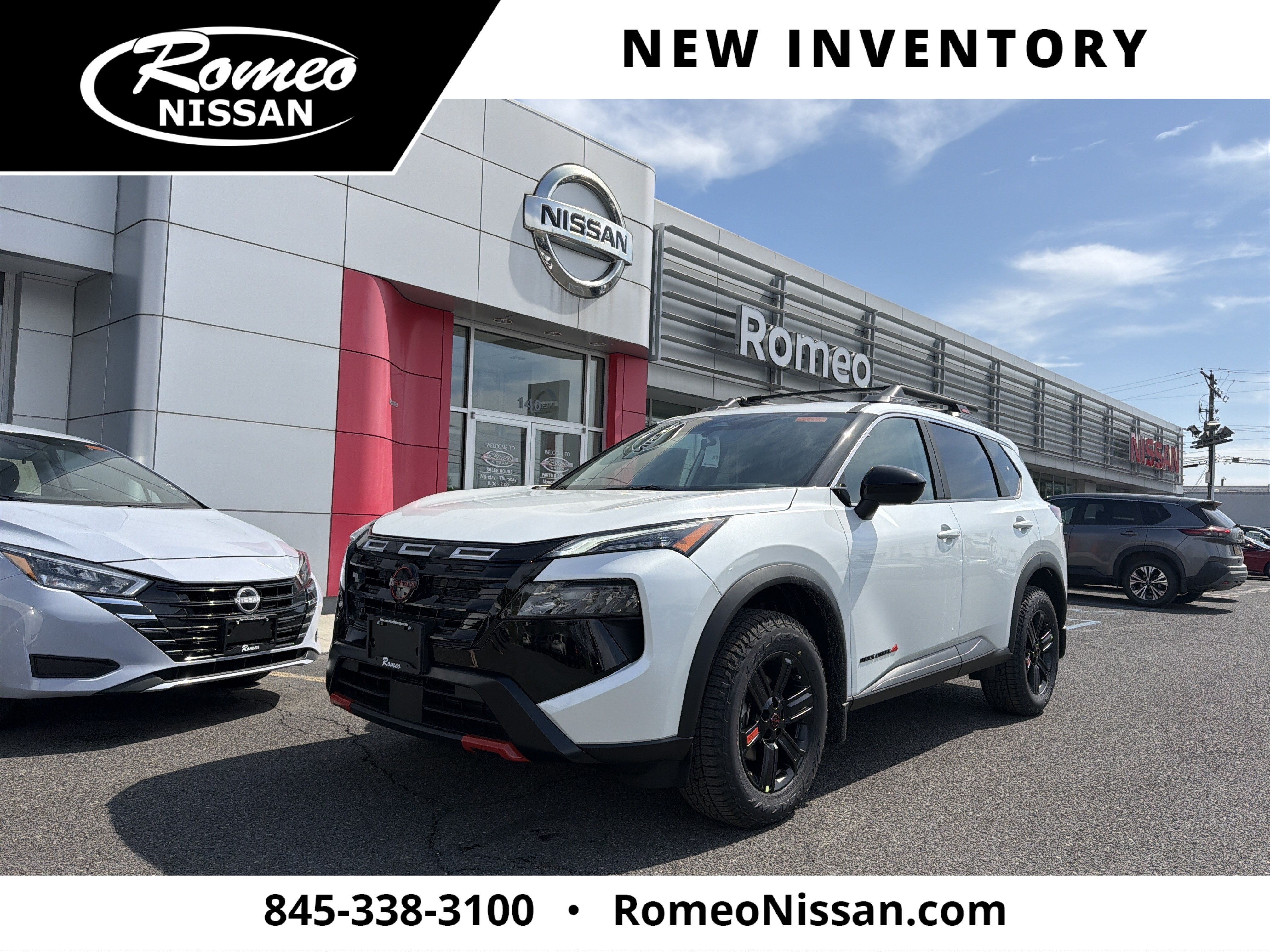 2026 Nissan Rogue Rock Creek in Everest White Pearl Tricoat — front three-quarter view
