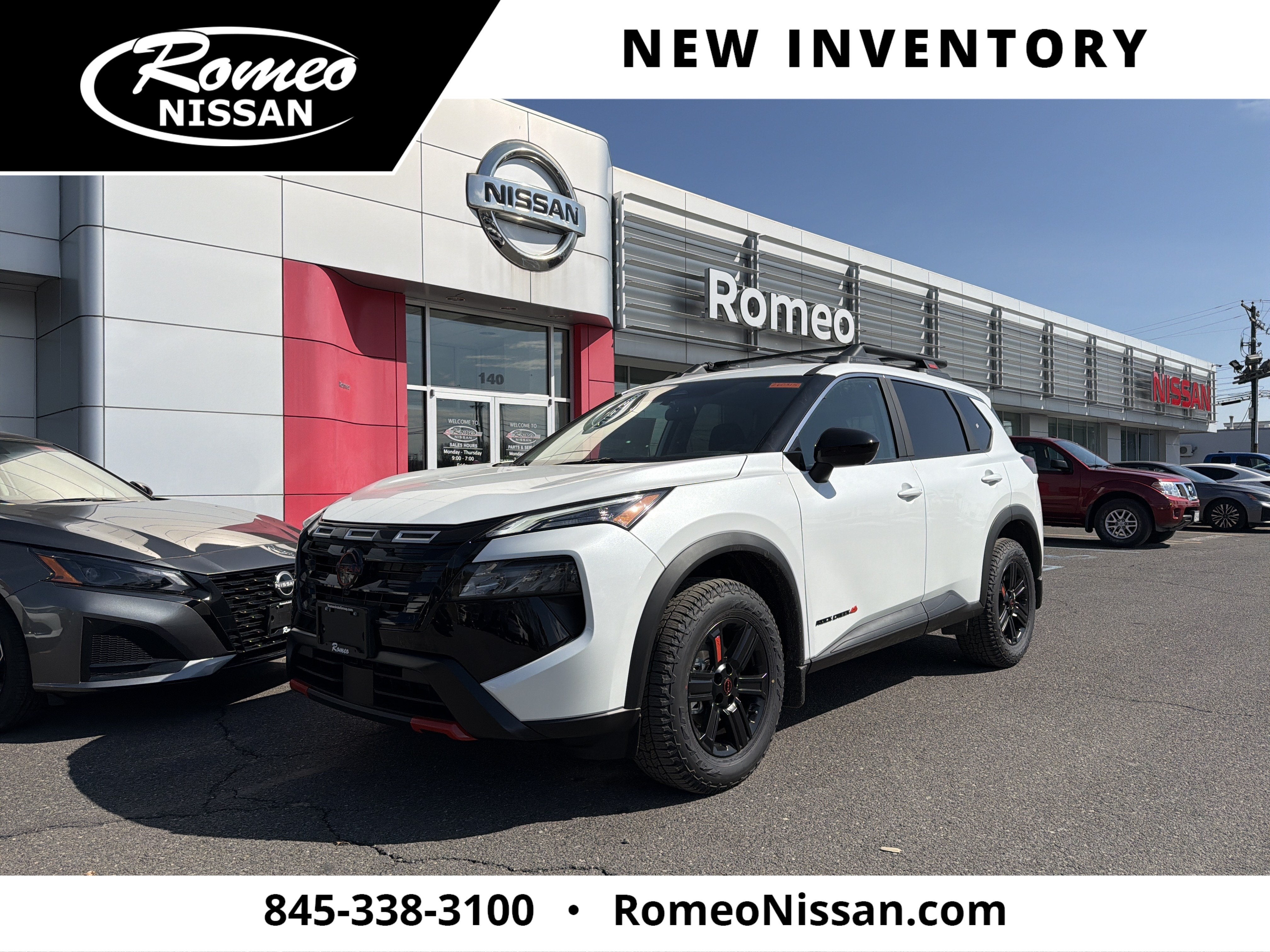 2026 Nissan Rogue Rock Creek in Everest White Pearl Tricoat — front three-quarter view