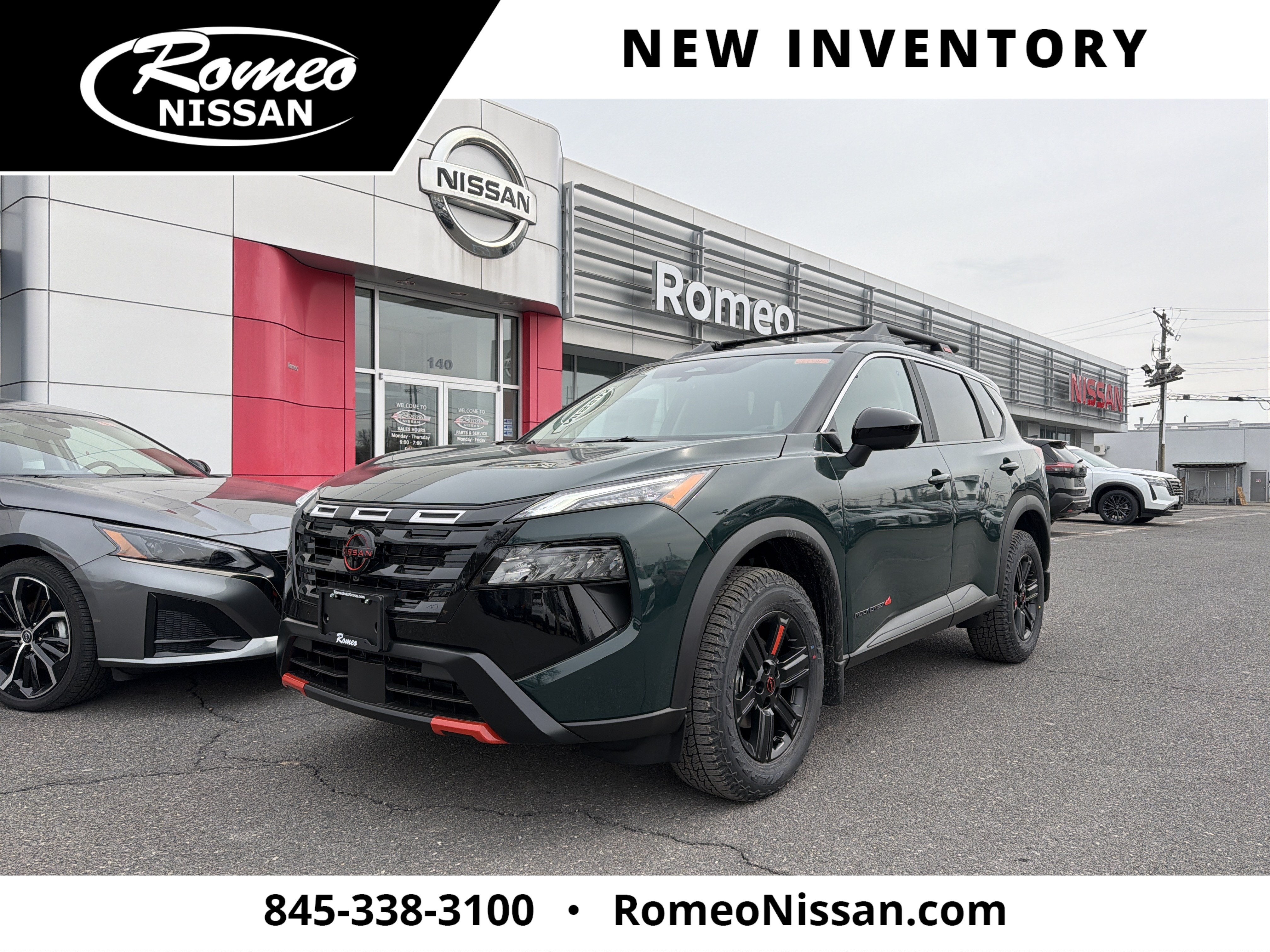 2026 Nissan Rogue Rock Creek in Obsidian Green — front three-quarter view