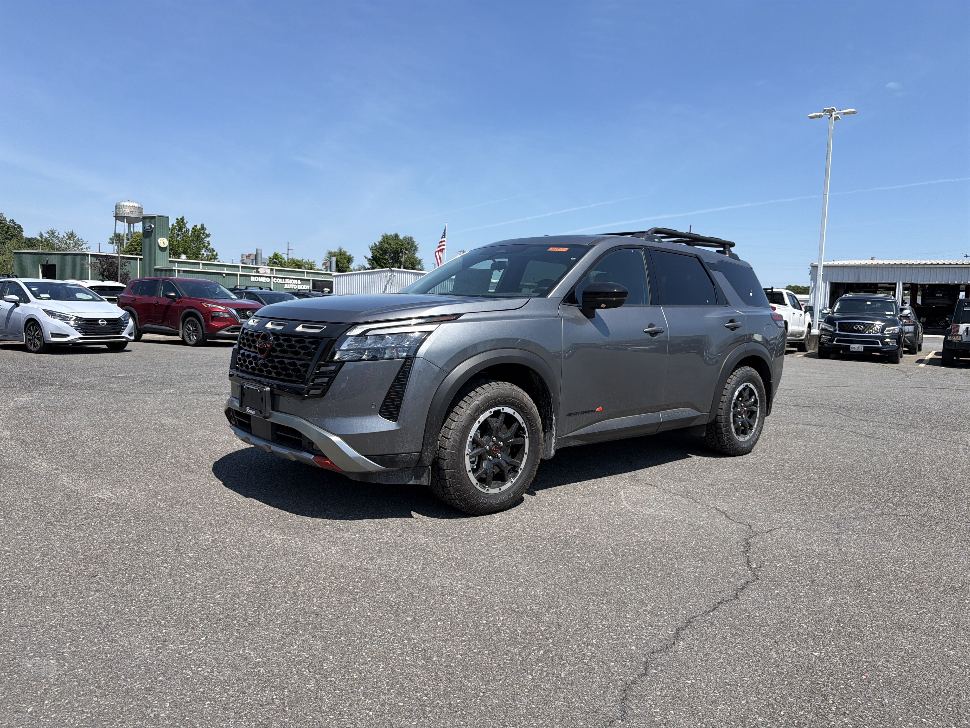 2026 Nissan Pathfinder Rock Creek in Gun Metallic — front three-quarter view