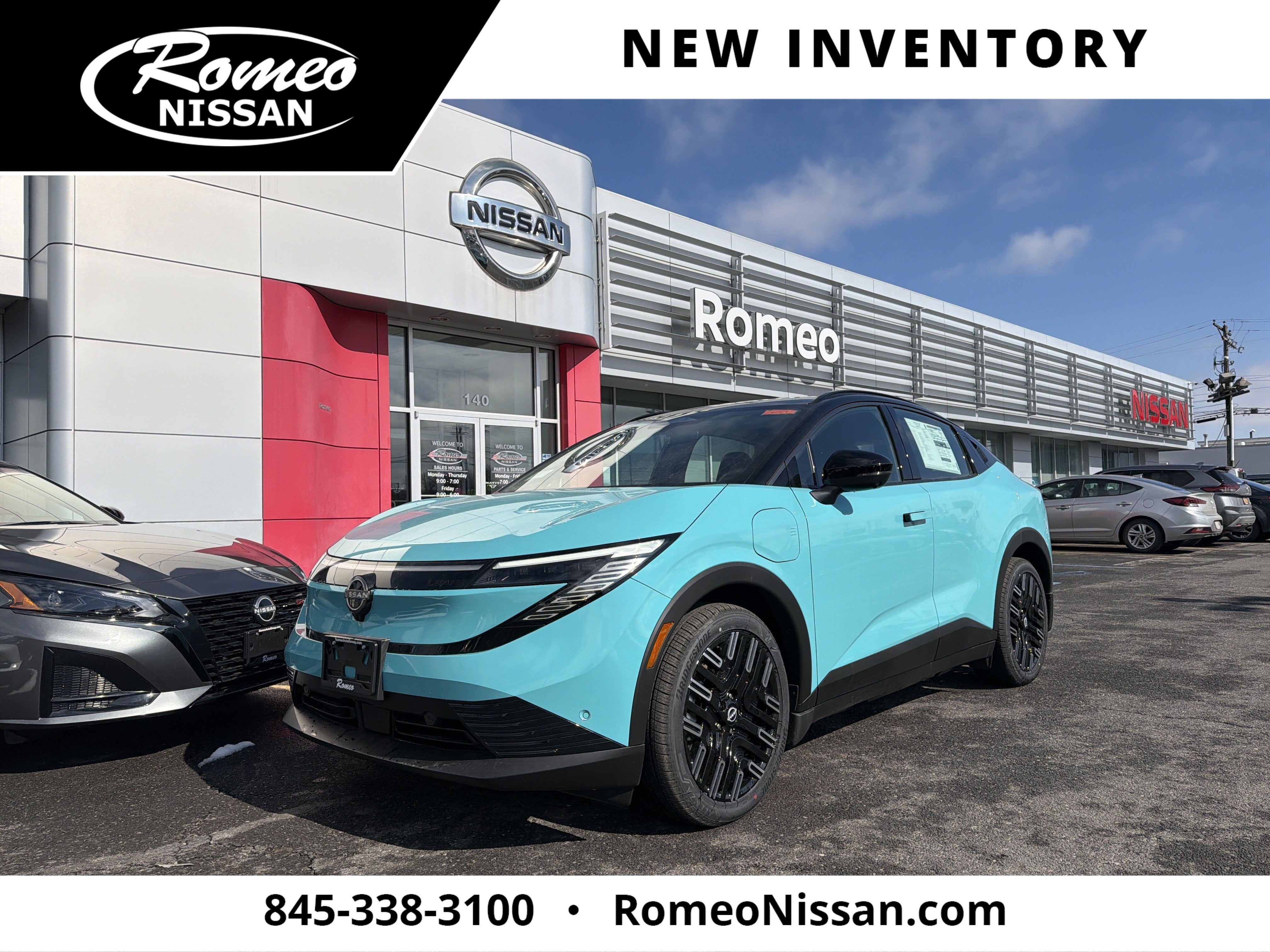 2026 Nissan LEAF PLATINUM+ in Seabreeze Blue Pearl/Black — front three-quarter view